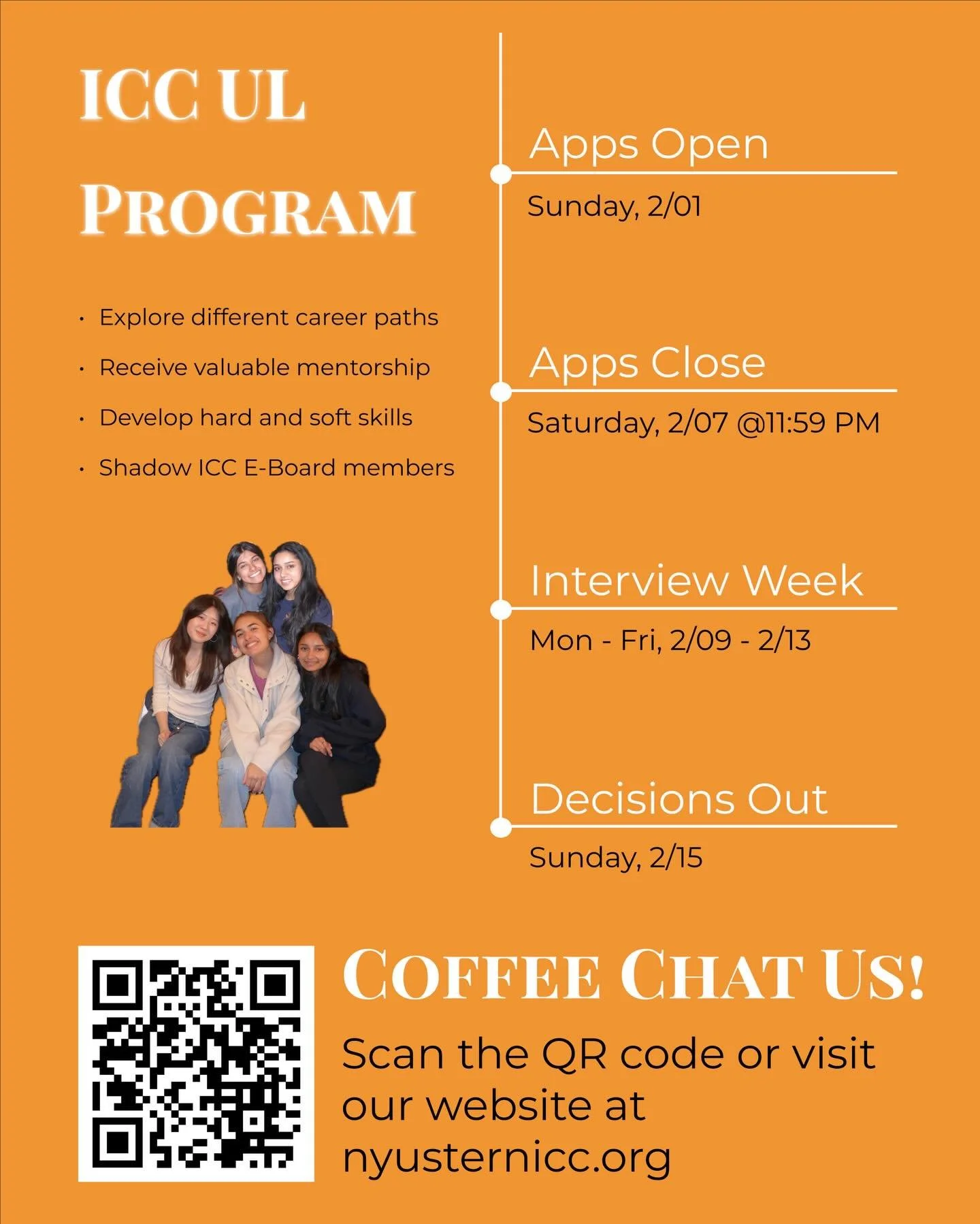 CLASS OF 2029‼️

Applications for ICC&rsquo;s UL Program open this Sunday, 2/01! 

If you&rsquo;re looking for a tight-knit community, to build your hard and soft skills, and opportunities to receive mentorship, we highly encourage you to apply!

Des