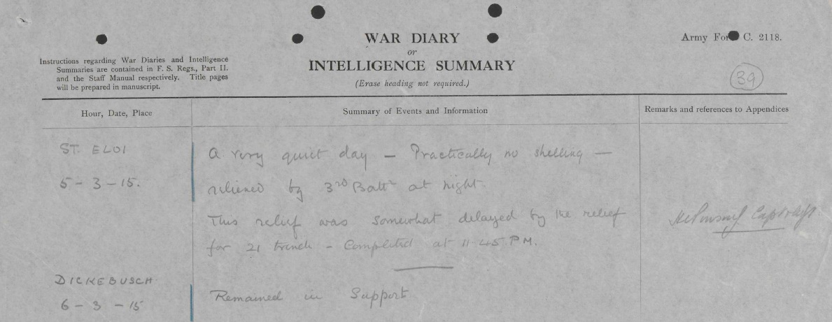 Entry from 4 KRRC War Diary for 5 Mar 15
