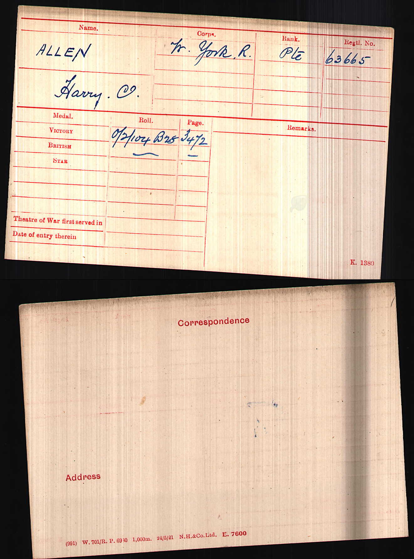 Harry's medal card.