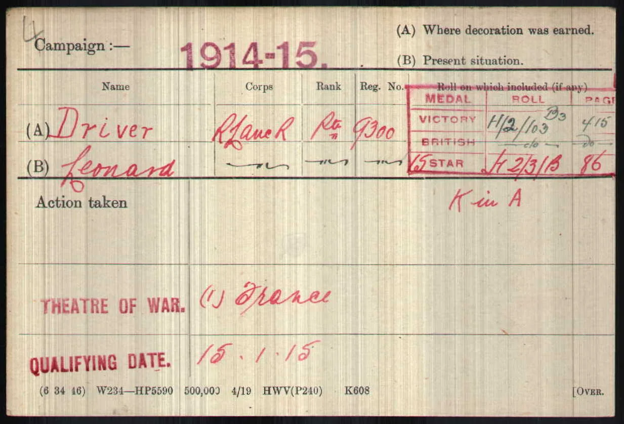 Leonard's medal card showing his date of entry into France