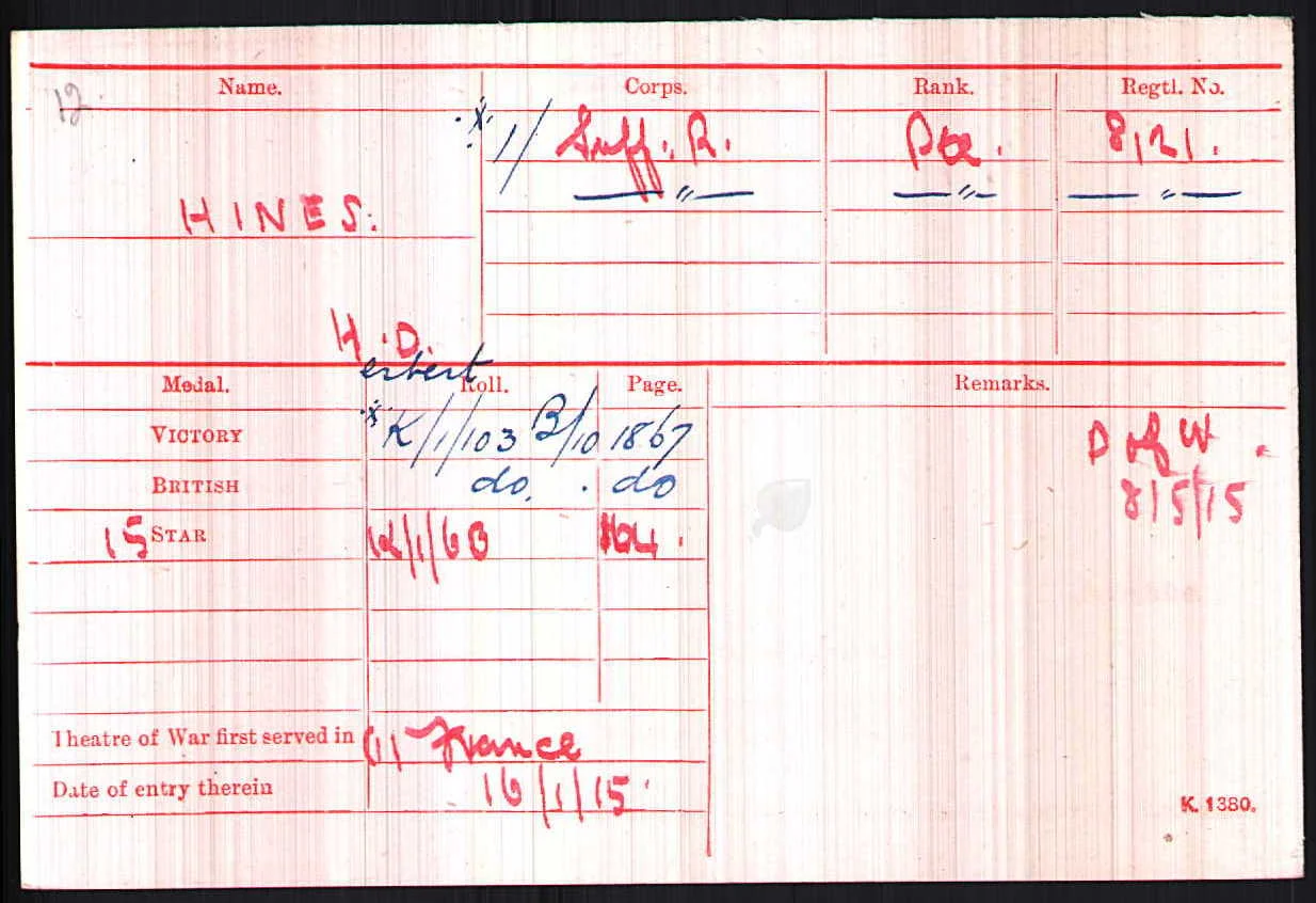 Herbert's medal card showing his date of entry into France