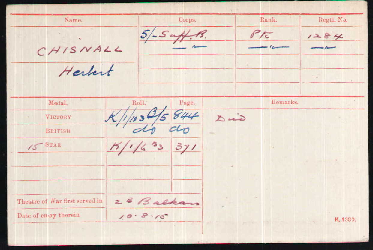 Herbert Chisnall's Medal Index Card