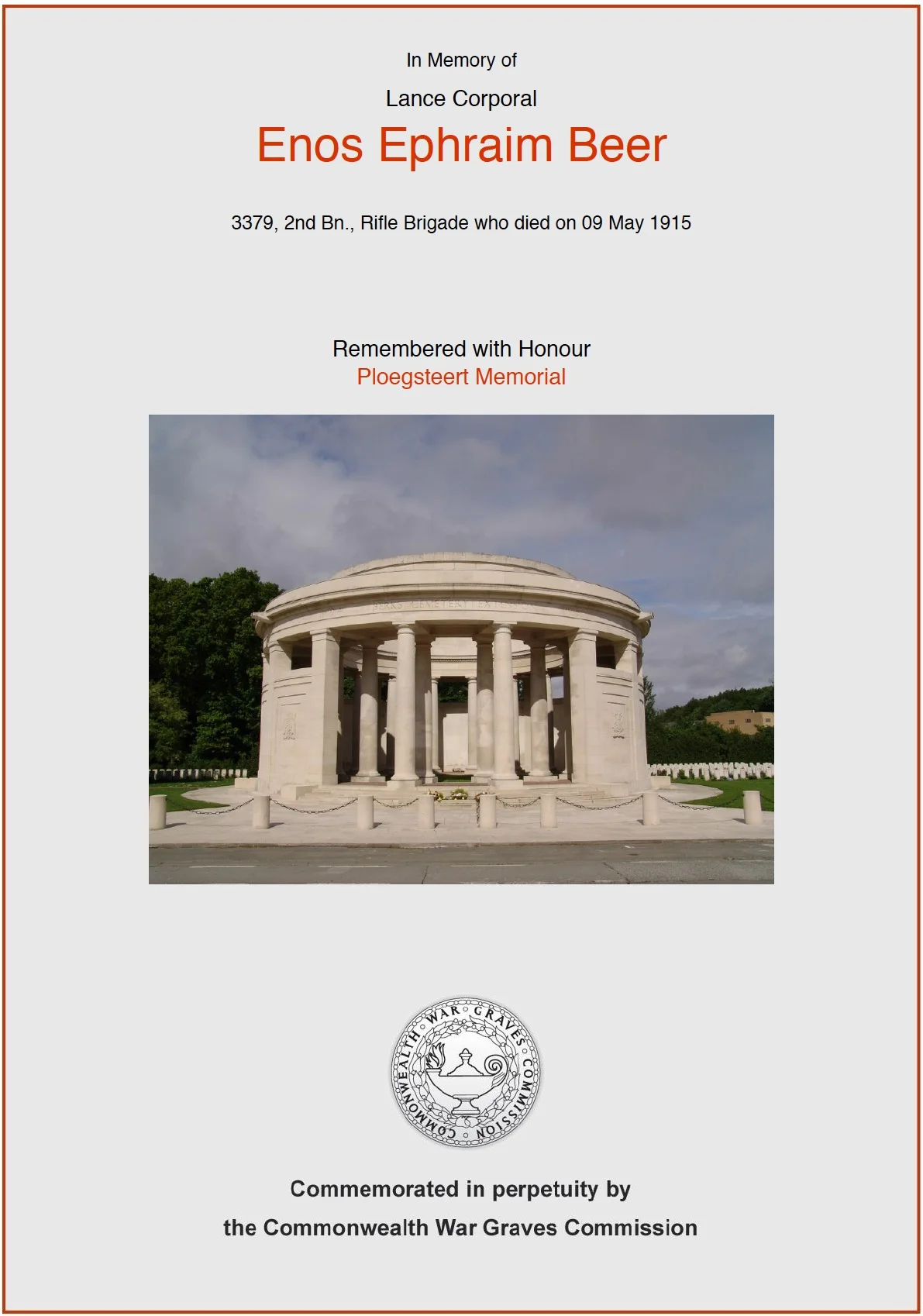 Enos Beer's CWGC Commemorative Certificat5