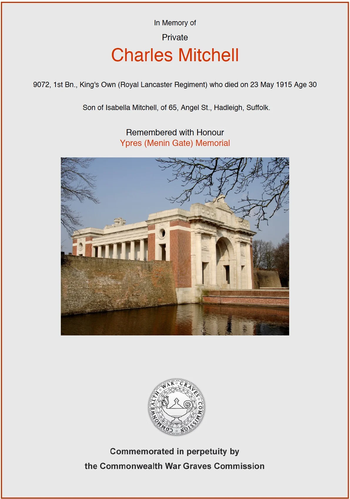 Charles Mitchell's CWGC Commemorative Certificate