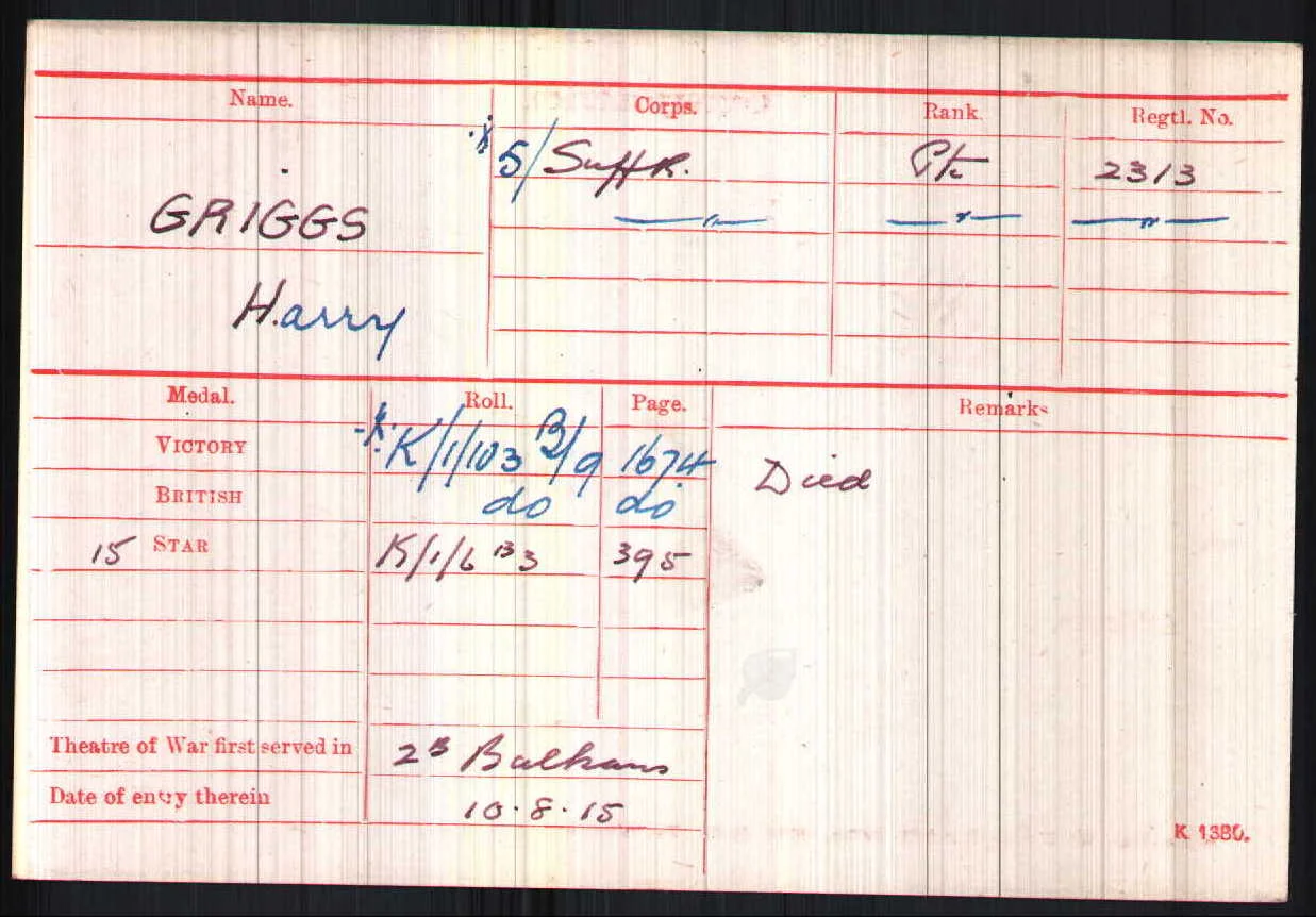 Harry Griggs' Medal Card
