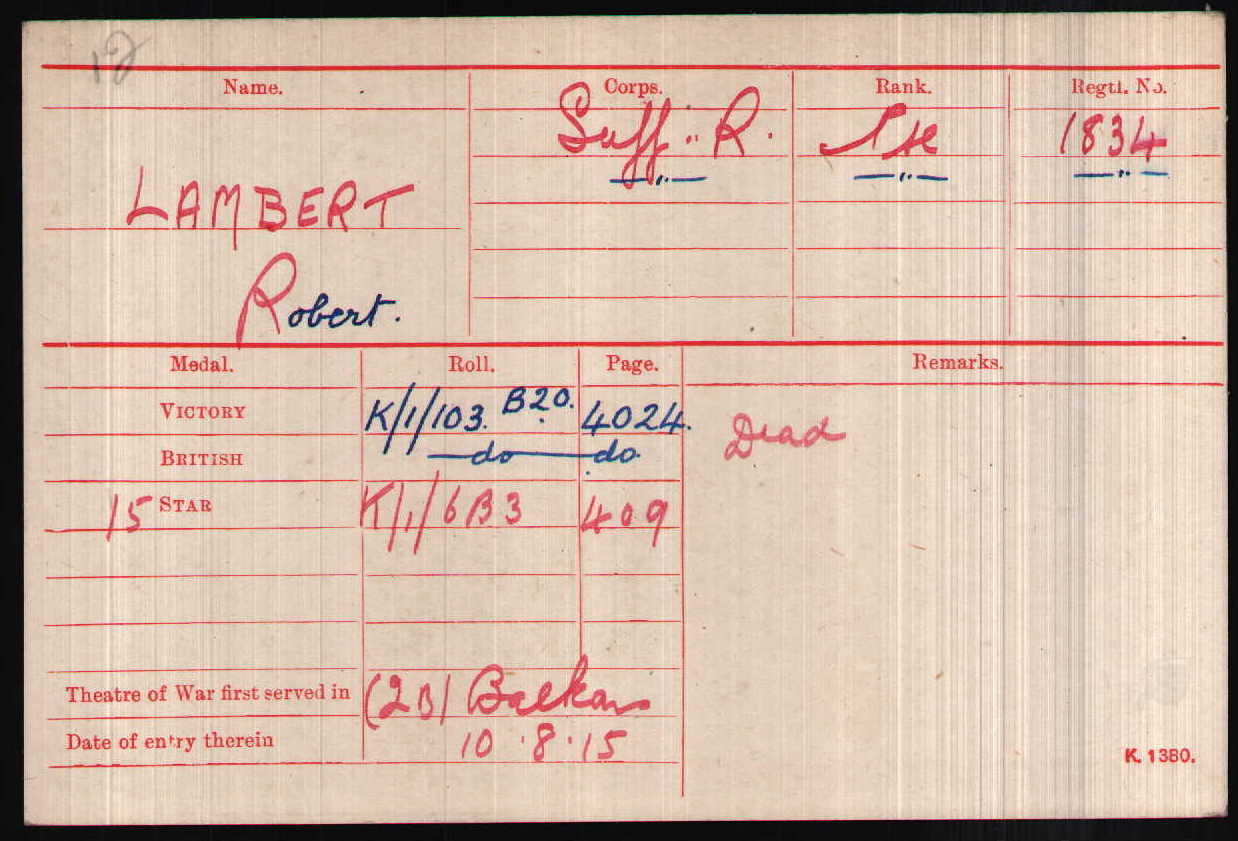 Robert Lambert's Medal Index Card