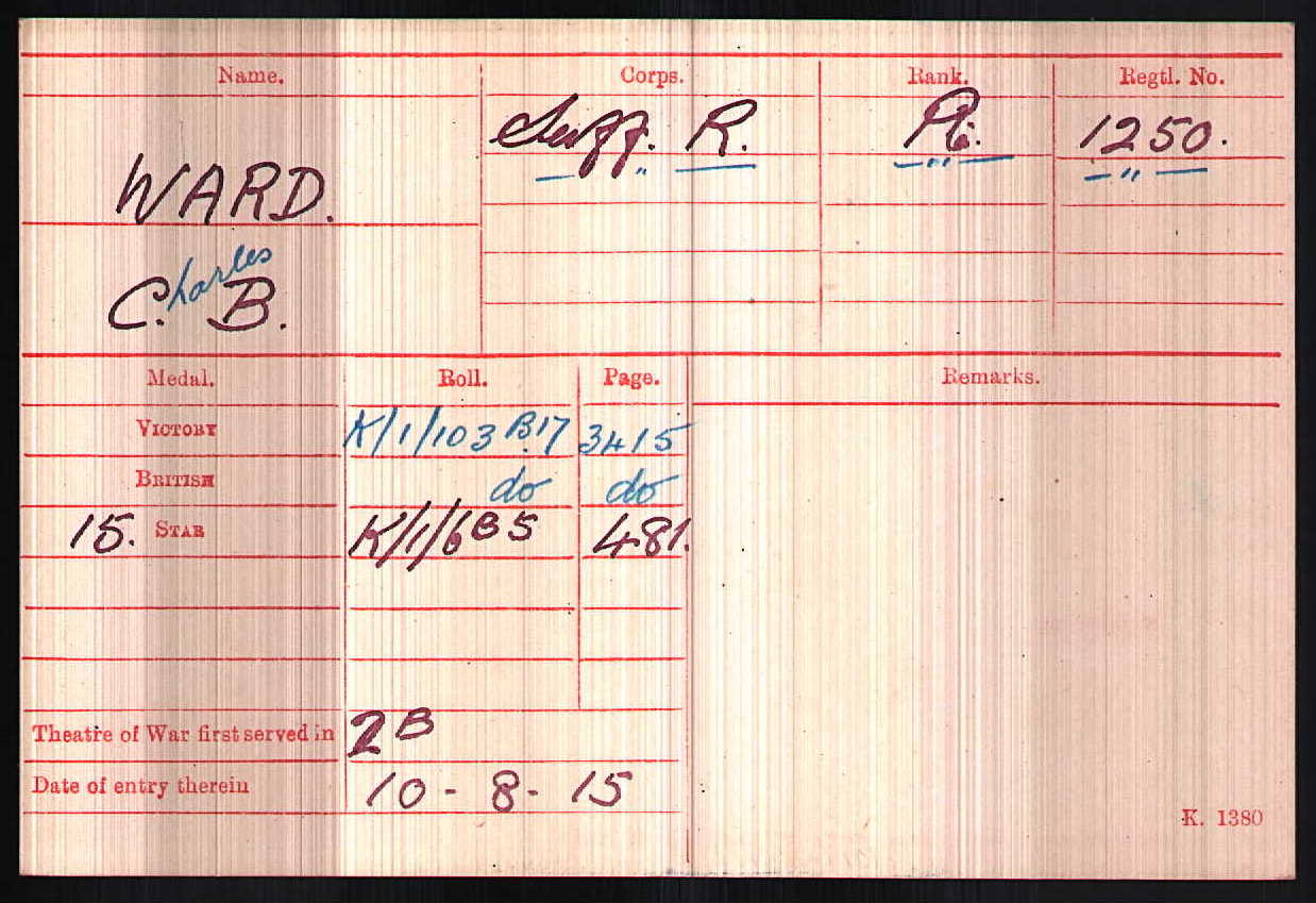 Charles Bennett Ward's Medal Index Card