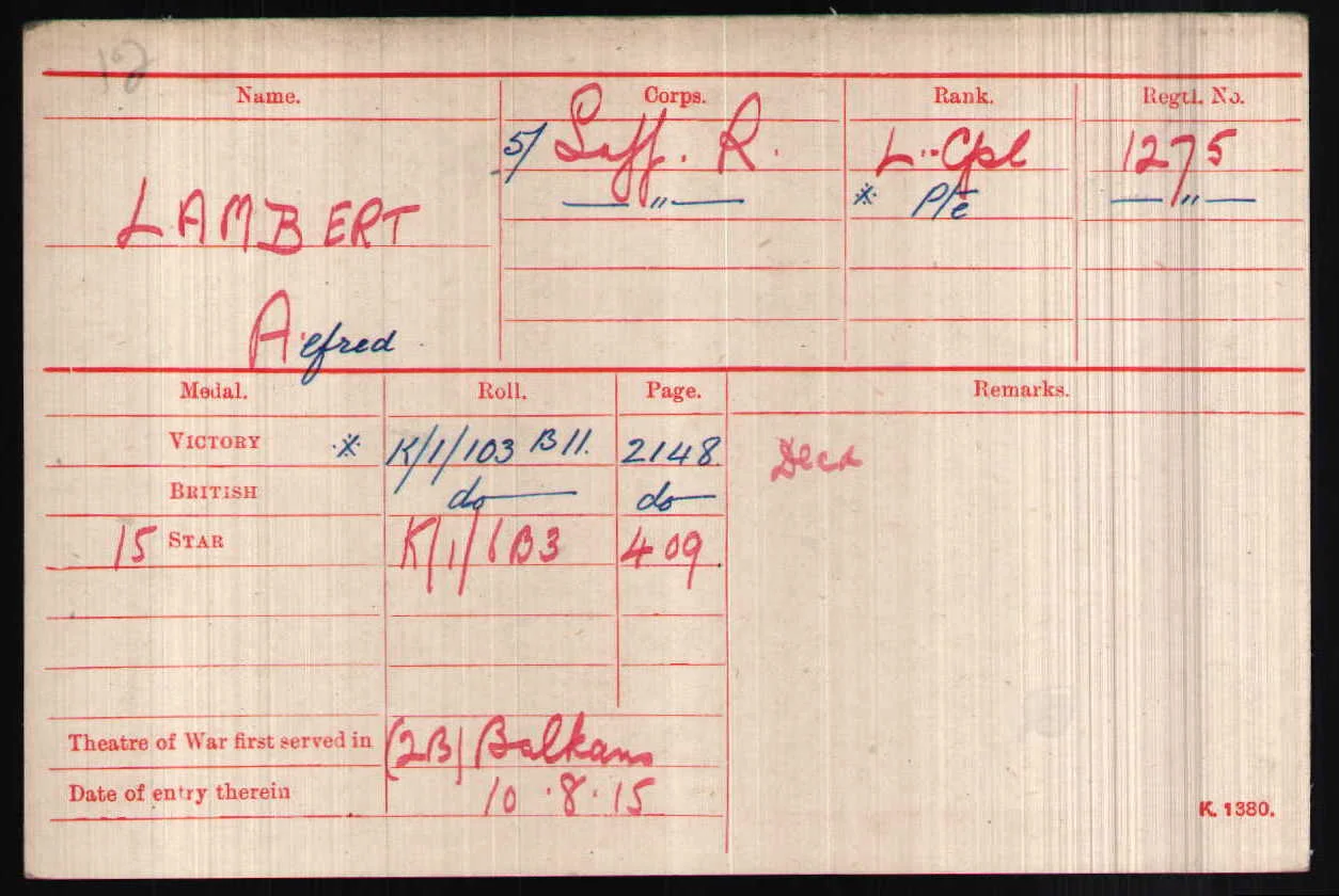 Alfred Lambert's Medal Index Card