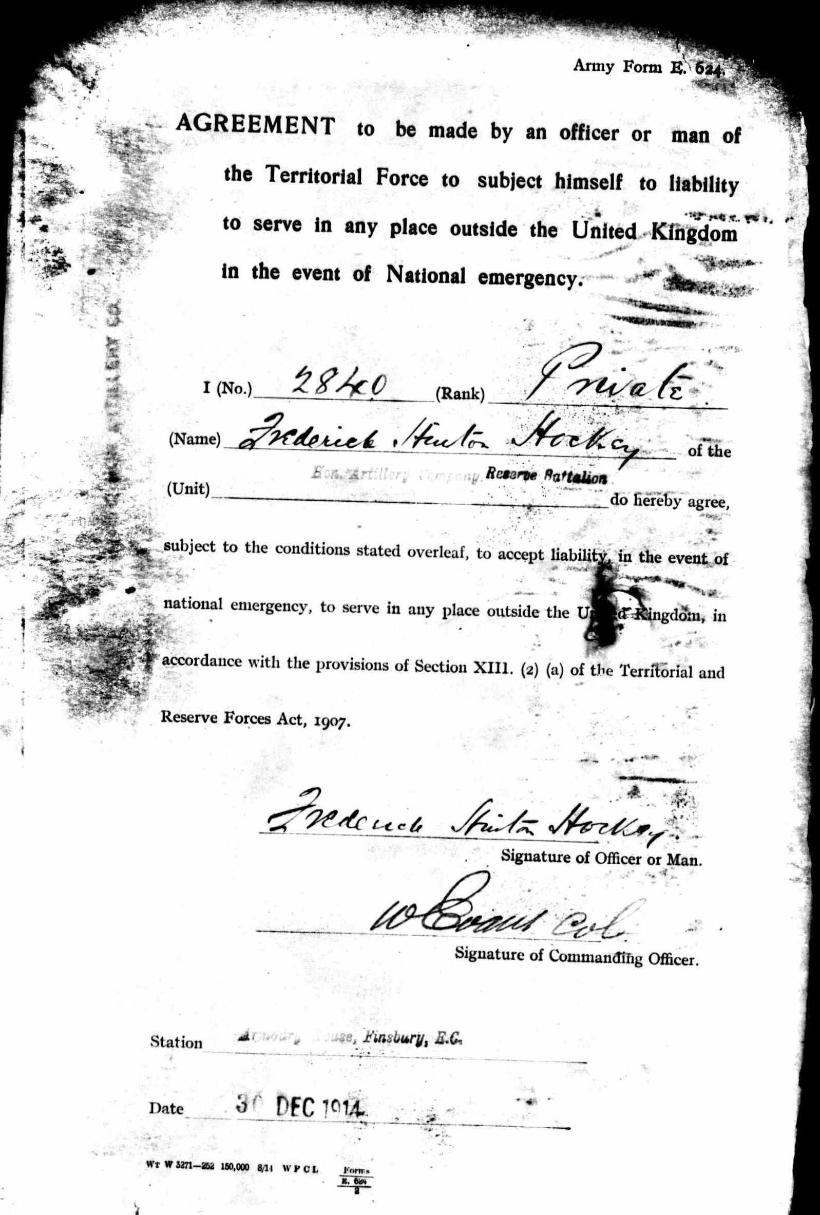 Frederick's agreement to serve overseas