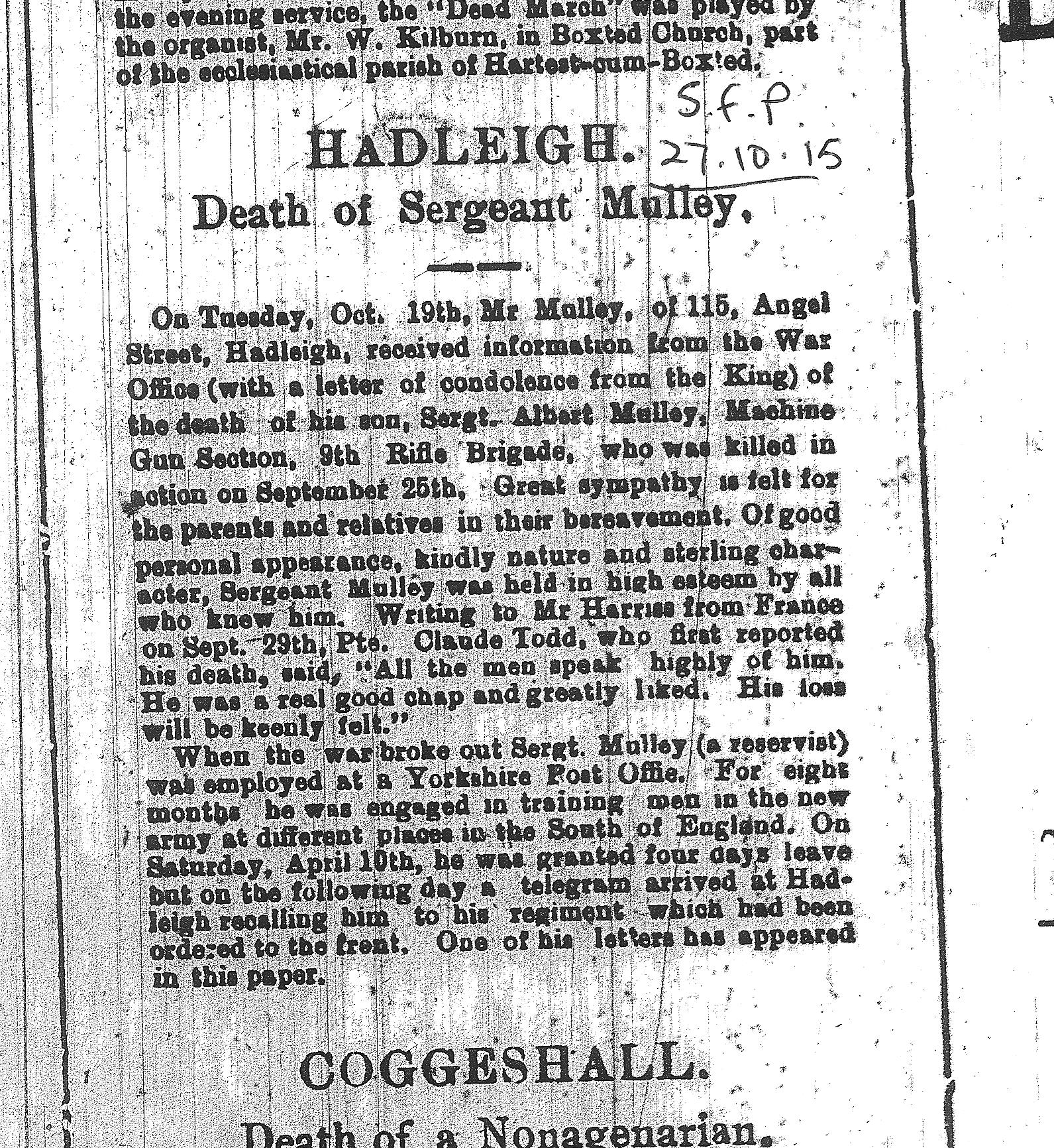 Death notice taken from the Suffolk Free Press of October 1915