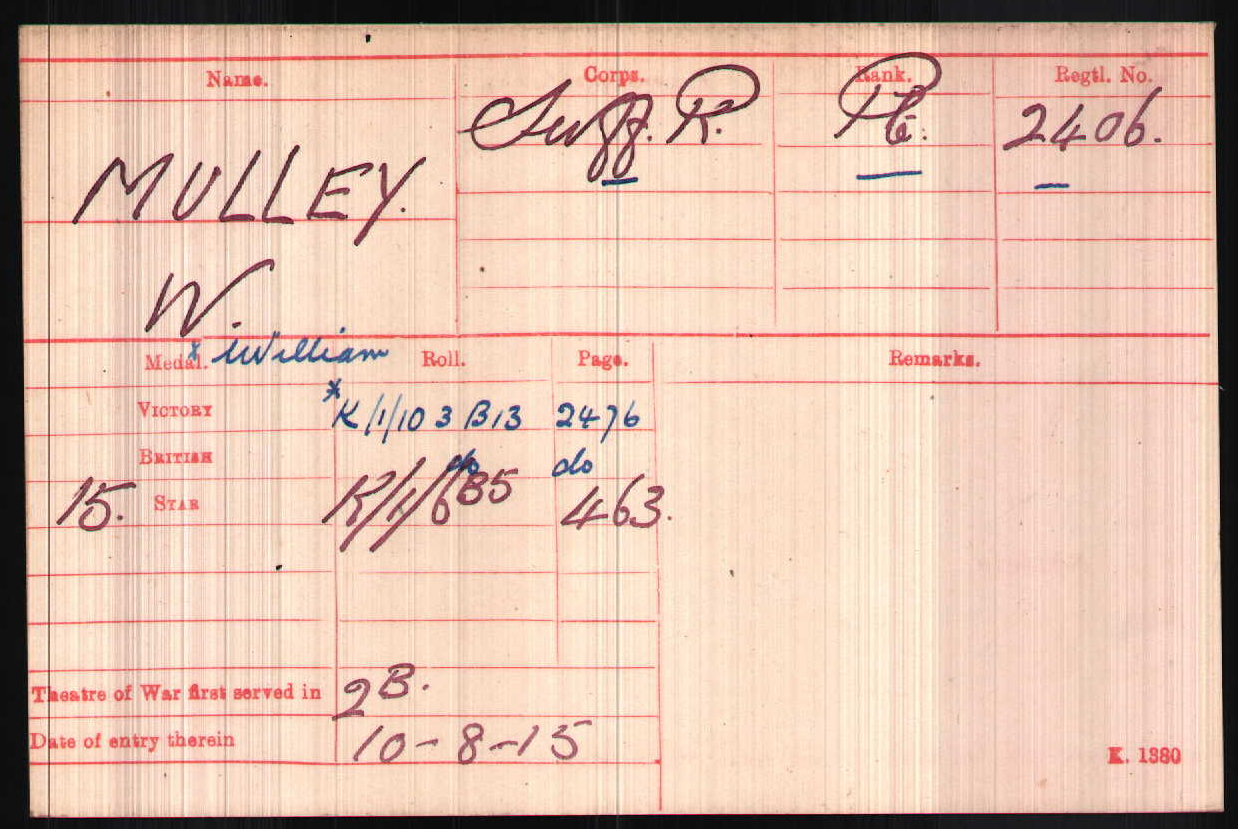 William Mulley's Medal Index Card