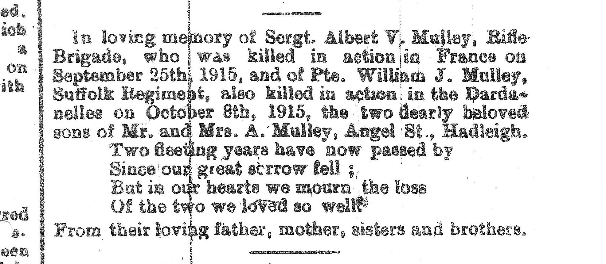 In Memoriam - posted in the Suffolk Free Press of 10 October 1917