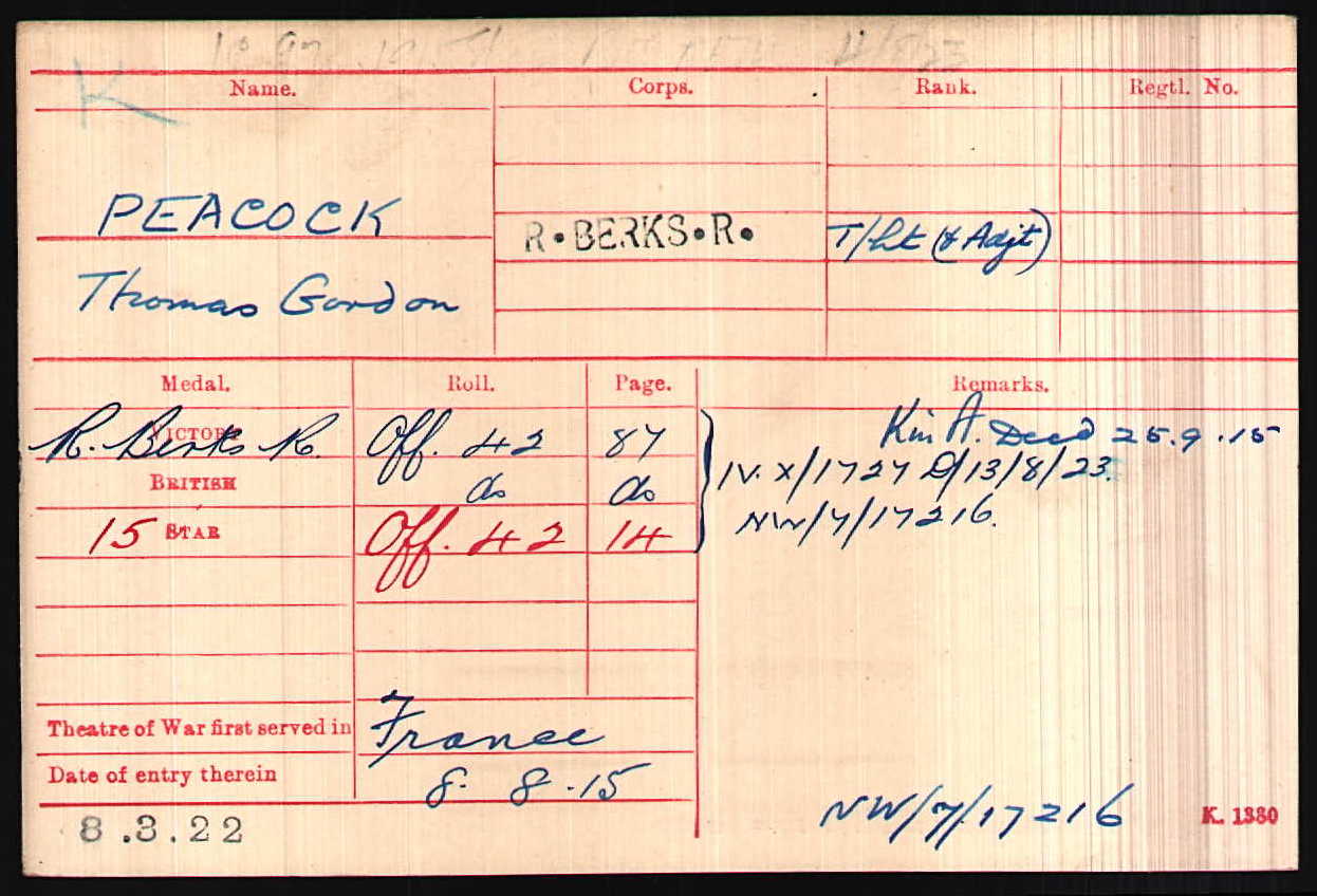 Lieutenant Peacock's Medal Index Card