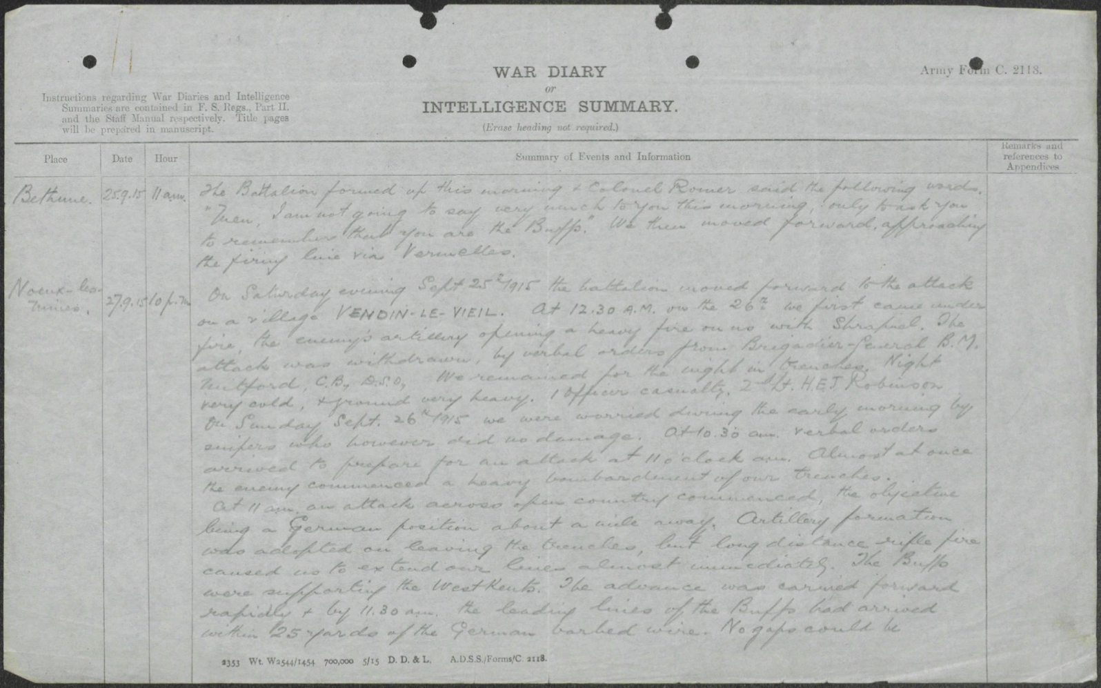 The battalion war diary, events of the 26th Sep were entered after the battle on the 27th.