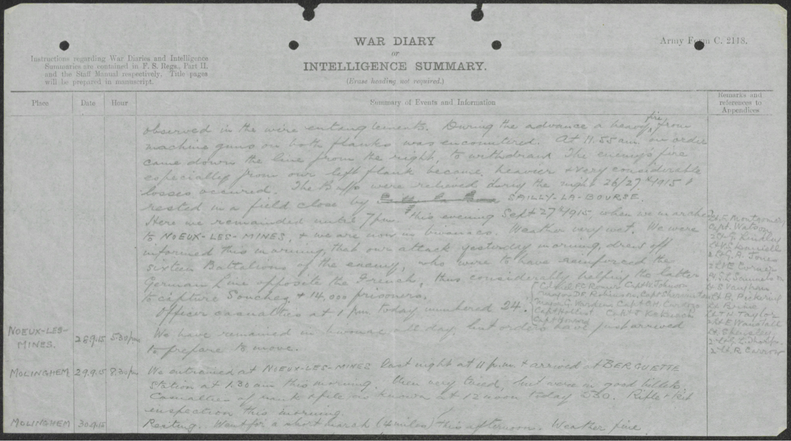 War diary noting the number of casualties.