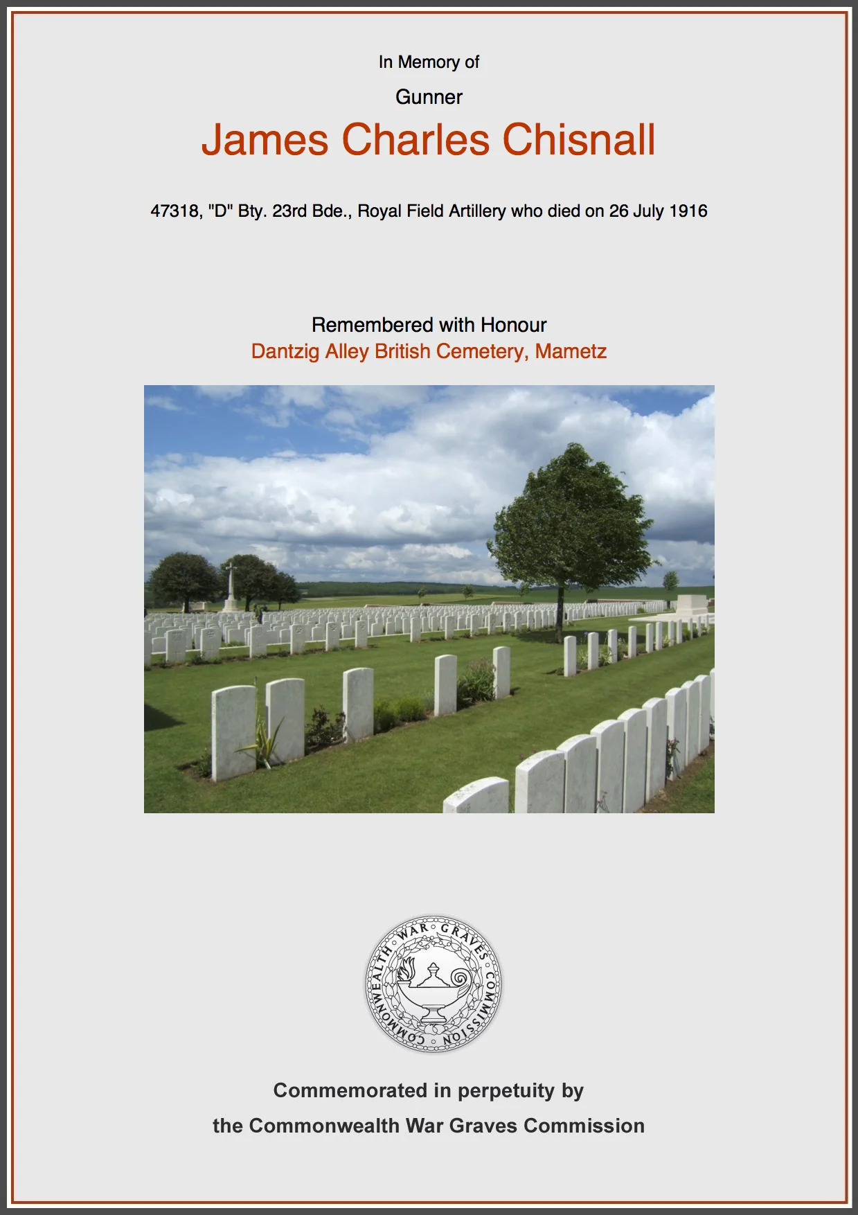 James Charles Chisnall's CWGC Commemorative Certificate