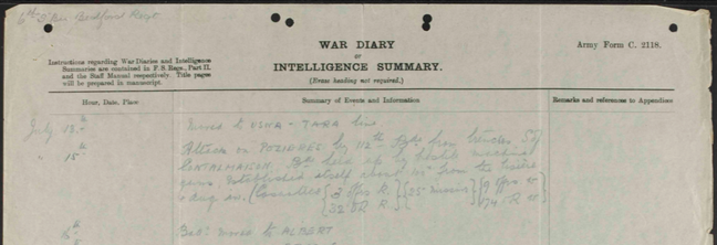 6th Bn Bedfordshire Regiment war diary entries for 13-16 July 1916