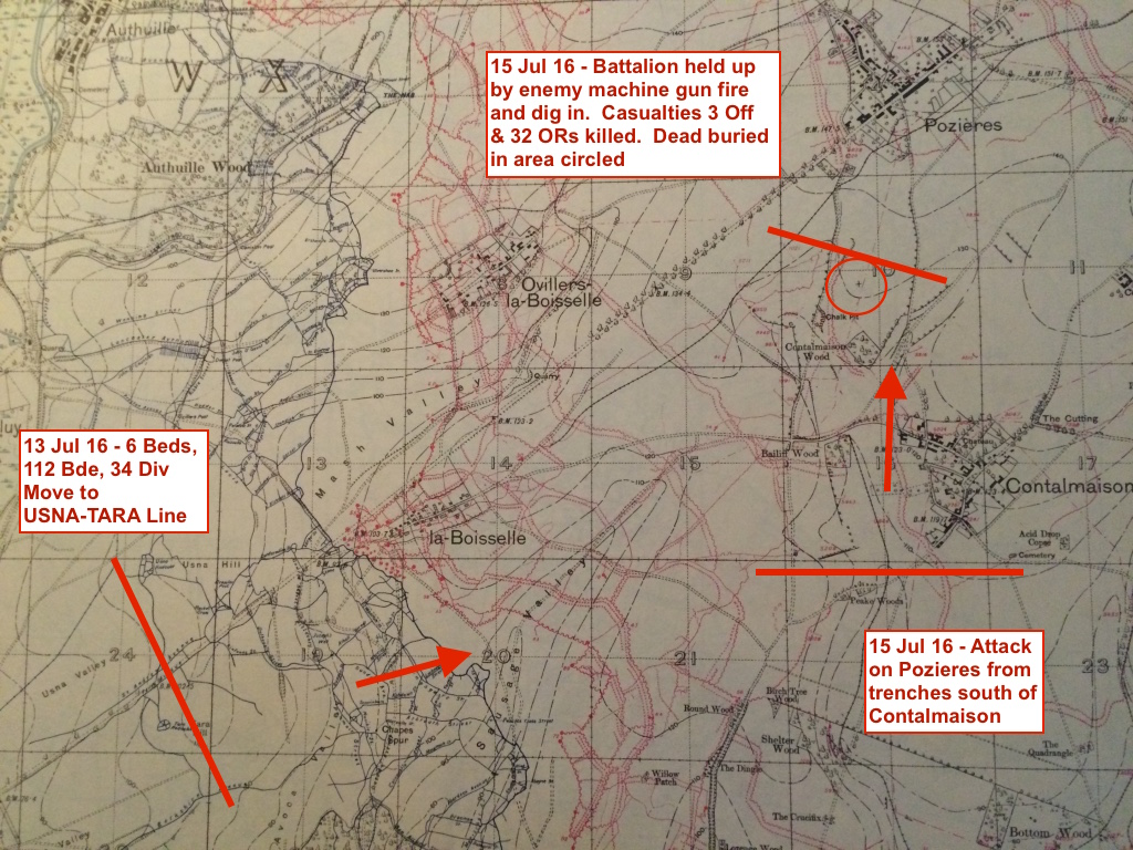 1916 trench map showing the positions and direction of travel of the 6th Bn Bedfordshire Regt. The circle indicates where Nelson was initially buried.