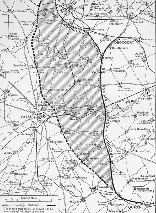 The shaded area shows the ground captured during the 1917 battle of Arras