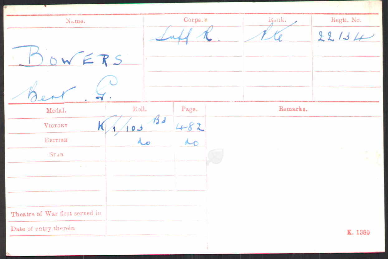 Private Bert Bowers' Medal Index Card