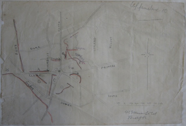 Sketch map of Longueval from a 1916 war diary. Duke Street is shown to the North of the village and Delville Woods is the area to the East.