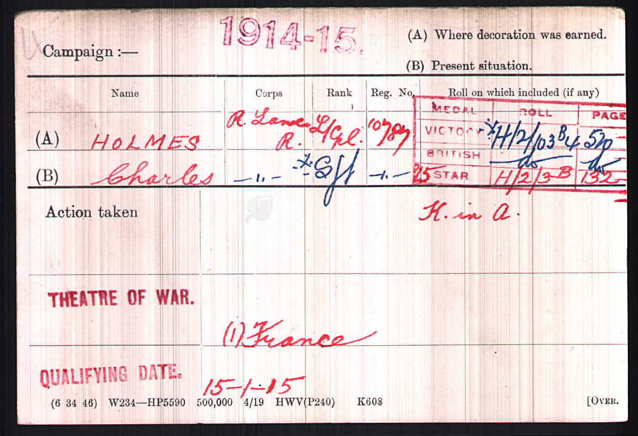 Serjeant Holmes' Medal Index Card.