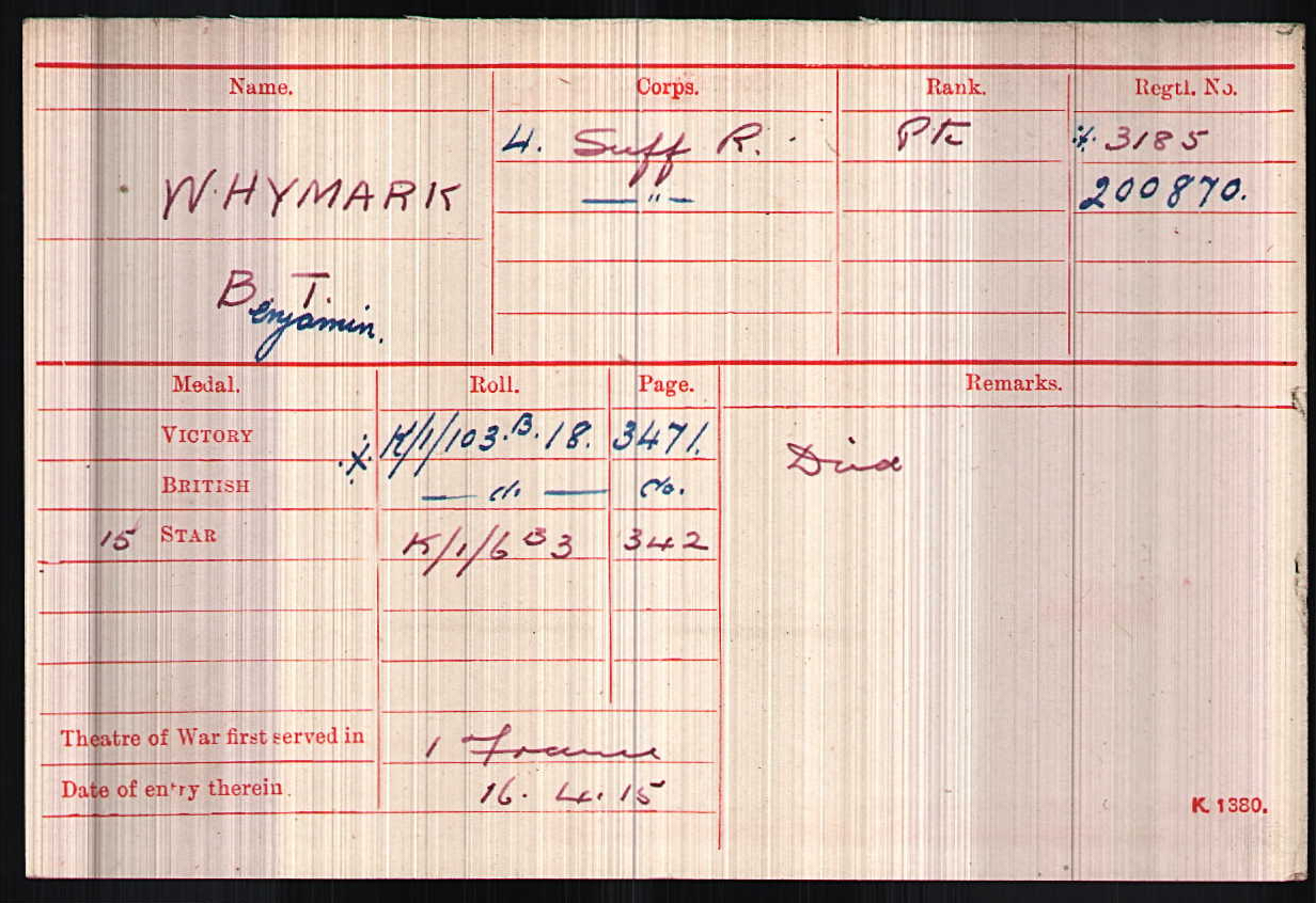 Private Benjamin Whymark's Medal Index Card