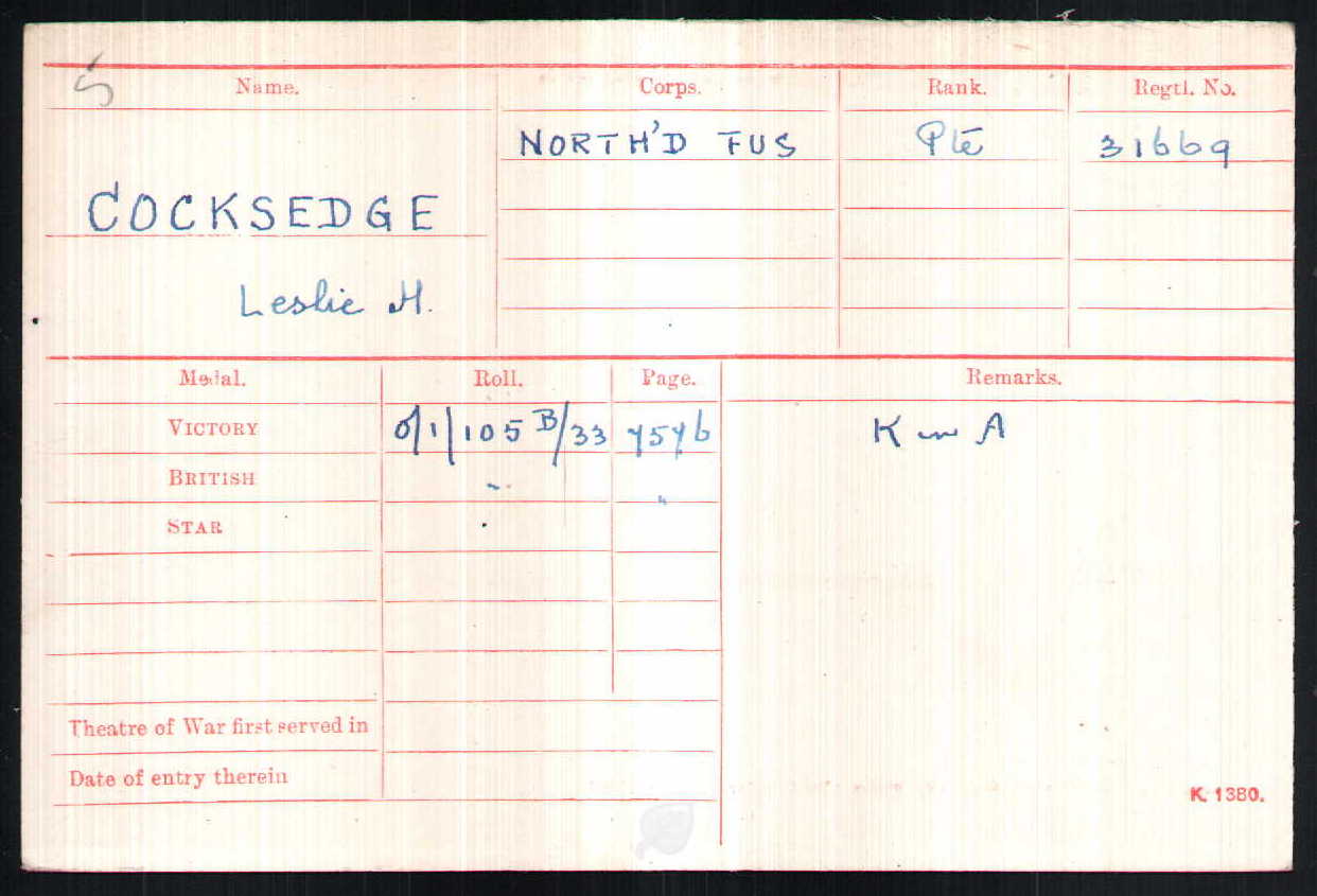 Pte Cocksedge's Medal Index Card