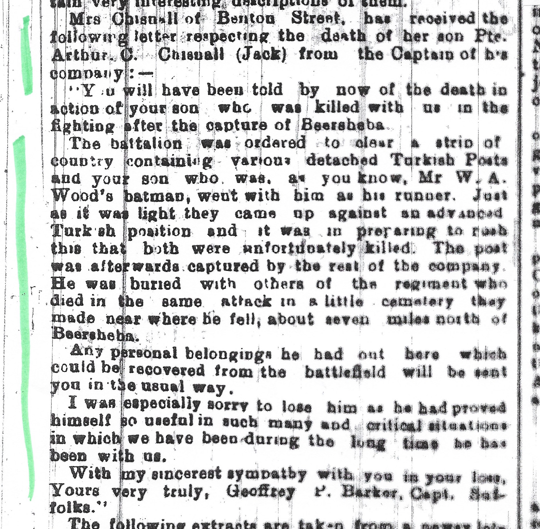 Obituary from 2 January 1918 edition of the Suffolk Free Press