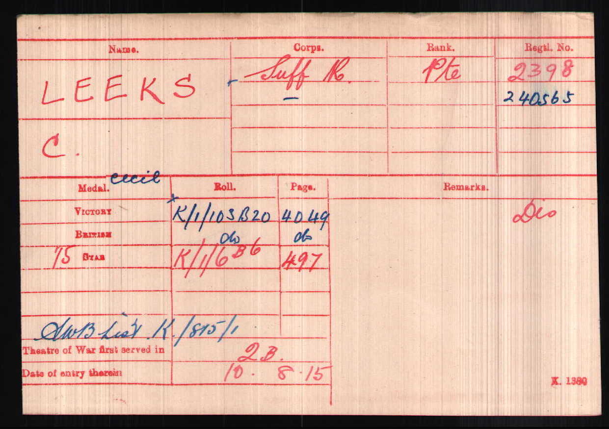 Cecil Leek's Medal Index Card