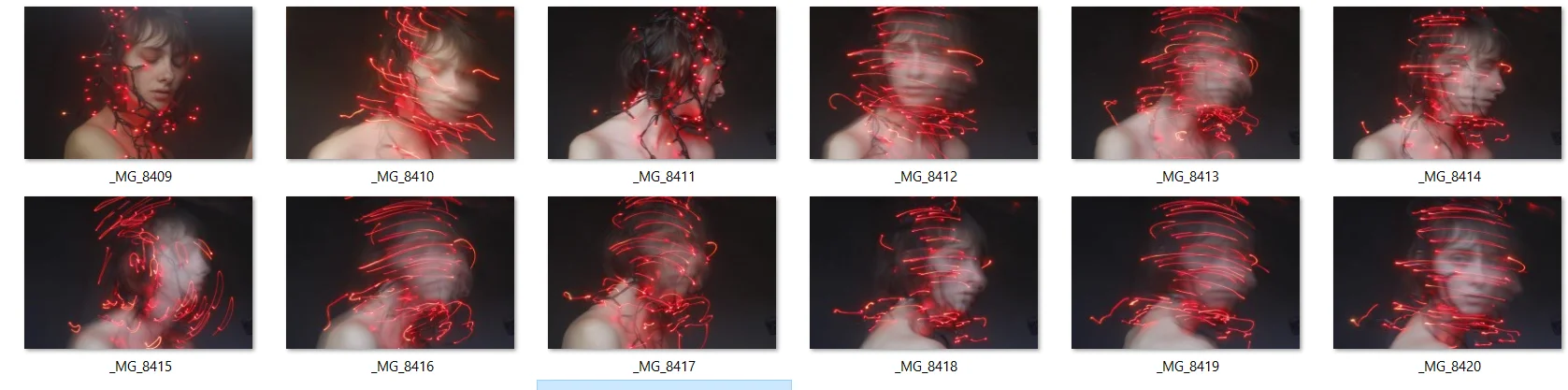 Some of the failed attempts at creating a selfportrait with lights. I didn’t like how blurry some of the shots were, nor the absolutely clarity of the others. That is why I needed to retake the photos numerous times before finally nailing the right combination of shutter speed and my body movement.