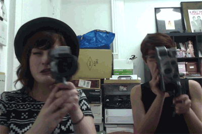 Trixie Films summer interns Moriah and Alexa trying out the 'vintage' cameras.
