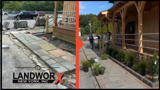 A during and after shot of the bluestone front walkway at Roe Brothers in Florida, NY.