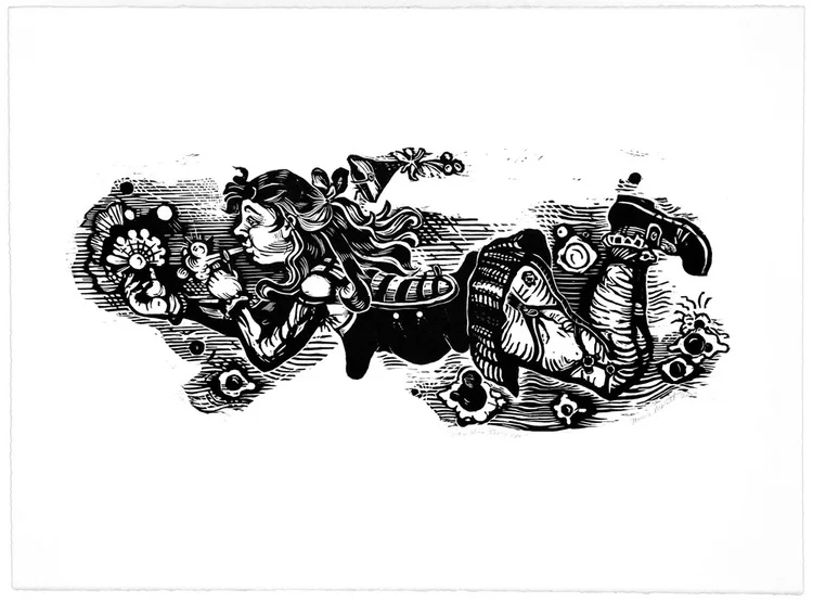 Girl with Party Hat Blowing Bubbles - Woodblock printed on Arches White Paper , 20x30", 2000