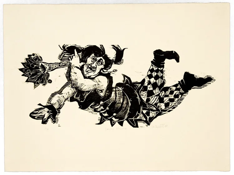 Flying Trapeze Artist (with boquet of flowers) - Woodblock printed on Arches Cream Paper , 20x30", 2000