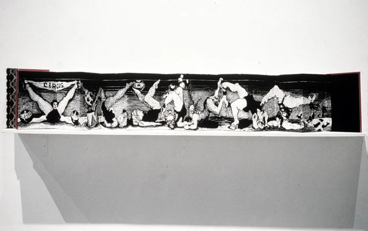 Circus - 1997 - Artist Book, Woodcut, Accordion Style Format. Printed by Hand on Mulberry Paper, Archival, acid free book Binders Board, Cotton Canvas, Red Decorative Paper, Canson Black Paper. 13 x 108 inches (when extended fully)
Normal
0
false
false
false
EN-US
X-NONE
X-NONE
/* Style Definitions */
table.MsoNormalTable
{mso-style-name:"Table Normal";
mso-tstyle-rowband-size:0;
mso-tstyle-colband-size:0;
mso-style-noshow:yes;
mso-style-priority:99;
mso-style-parent:"";
mso-padding-alt:0in 5.4pt 0in 5.4pt;
mso-para-margin-top:0in;
mso-para-margin-right:0in;
mso-para-margin-bottom:10.0pt;
mso-para-margin-left:0in;
line-height:115%;
mso-pagination:widow-orphan;
font-size:11.0pt;
font-family:"Calibri","sans-serif";
mso-ascii-font-family:Calibri;
mso-ascii-theme-font:minor-latin;
mso-hansi-font-family:Calibri;
mso-hansi-theme-font:minor-latin;}