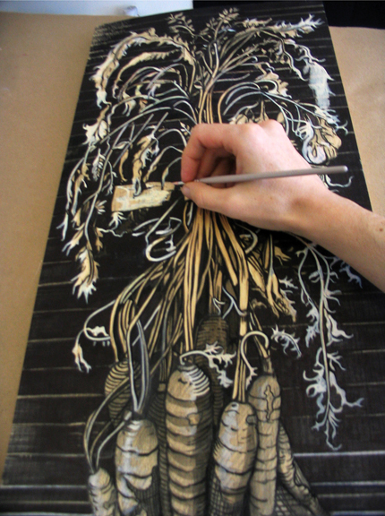 Drawing on Woodblock for Carrots