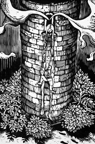    Repunzel: The Tower   - 2000 - Woodcut printed on Johannot mouldmade paper, 19.5 x 26 inches 
