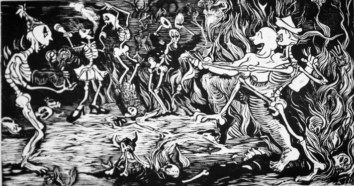   Dance of the Dead   - 1994 - Woodcut printed on Arches Paper. Image Size: 17 x 31 inches Sheet Size: 30 x 40 inches 