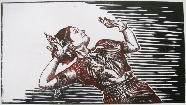 Color Woodcut from Single Block by Ashok Pachaiyappan - The Step of Abinaya - 2007 - Chennai, India