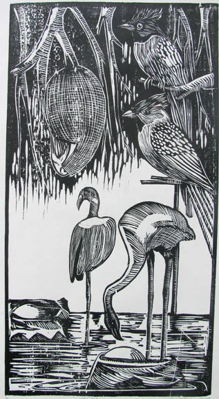 Woodcut by Ambeth Periasamy - Birds - 2007 - Chennai, India