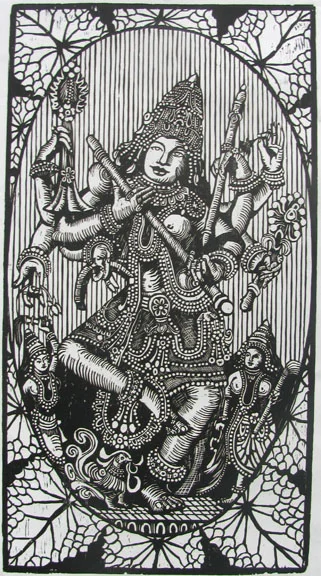 Woodcut by Vijay Pichumani - Goddess Saraswathi - 2007 - Chennai, India