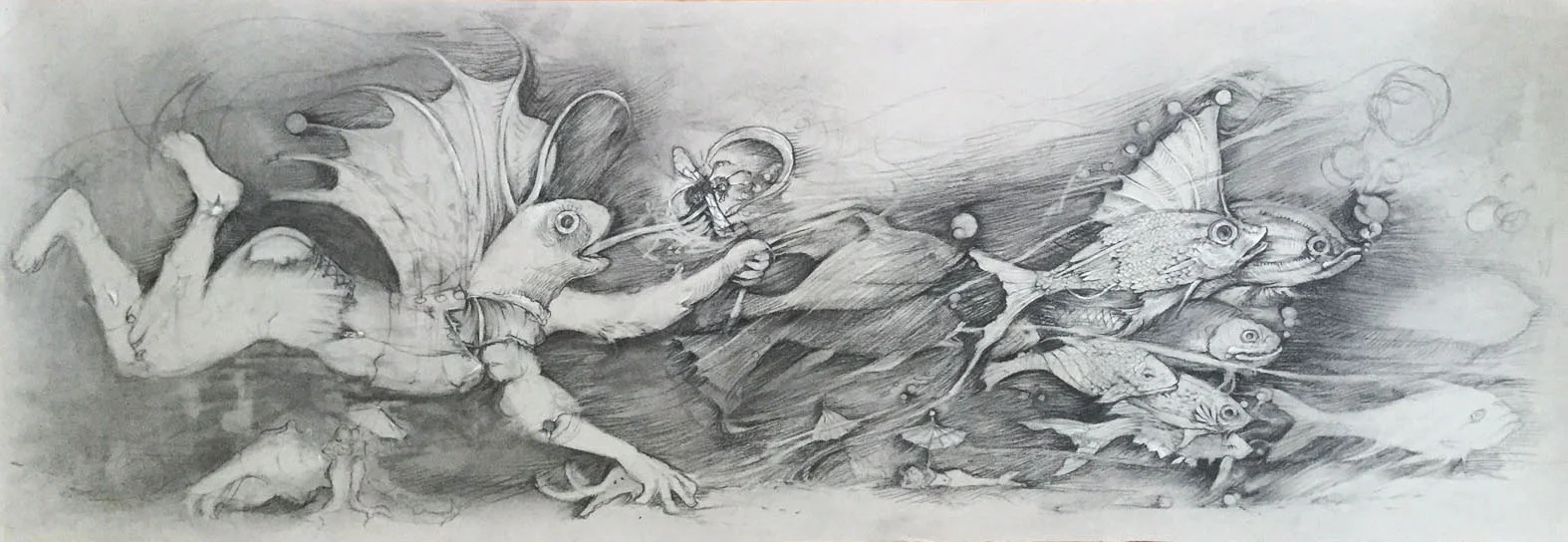   Frog Chase  - Black Chalk on Paper, 11 x 30 in. 