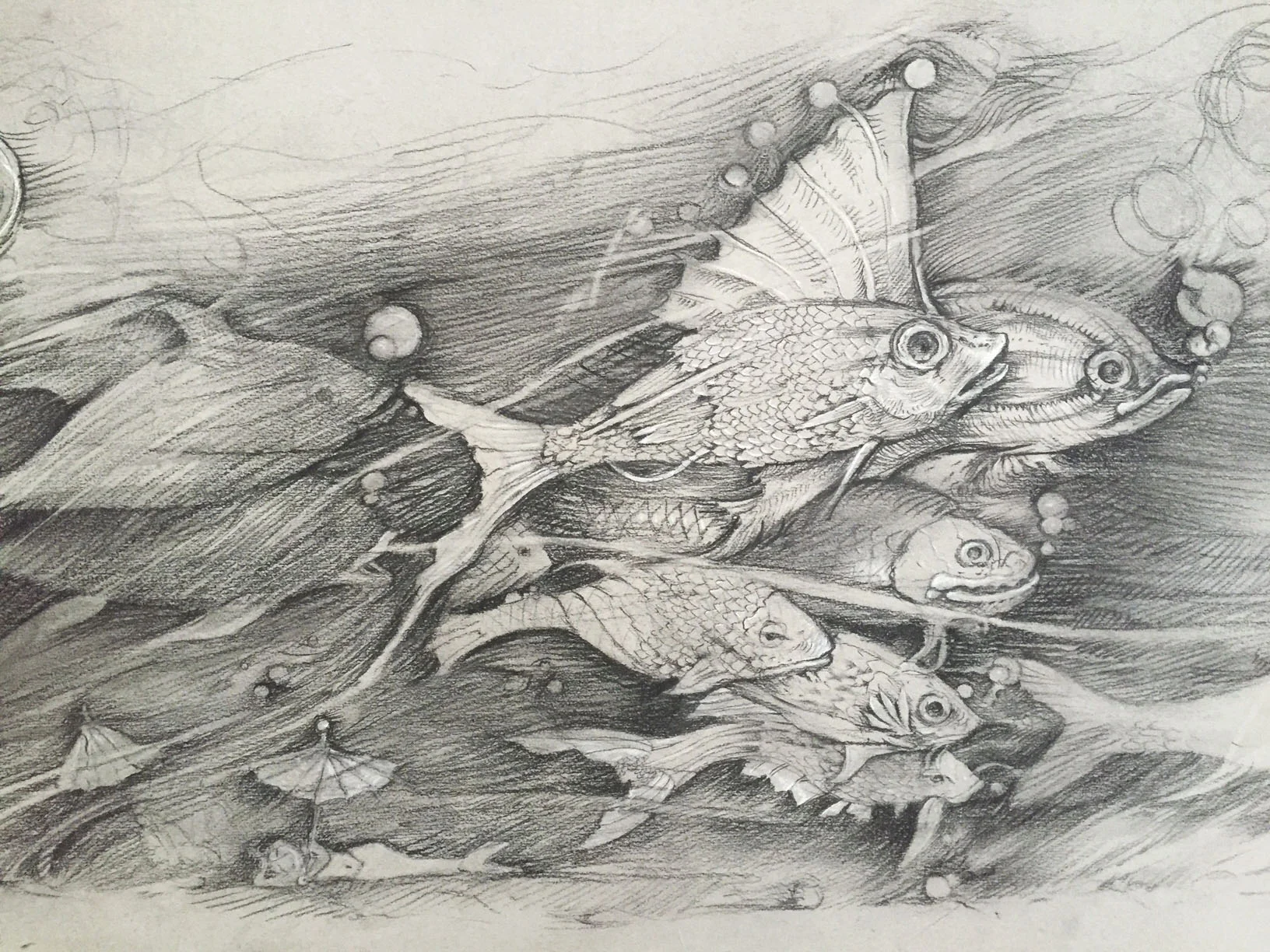   Frog Chase  - Detail, Black Chalk on Paper, 11 x 30 in. 
