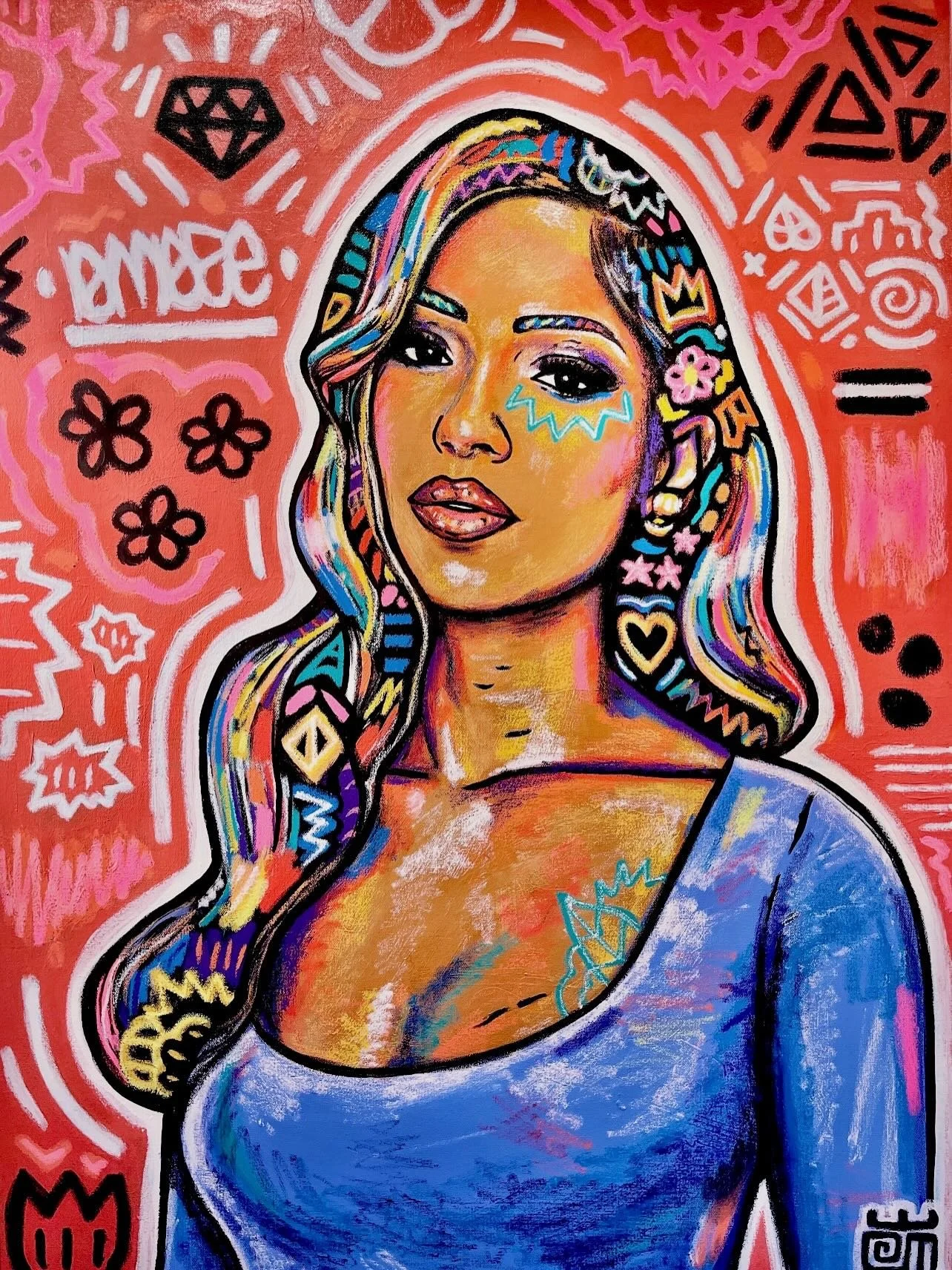 #alloyiusmcilwaineart 🎨 - This piece was a fan favorite at my new solo art showcase - &ldquo;DECIPHER&rdquo; - on display now at @piigallery! &ldquo;Kudo Mag Cover - Zaina&rdquo; by Alloyius Mcilwaine.  Acrylic and Solidified paint marker on 30x40 c