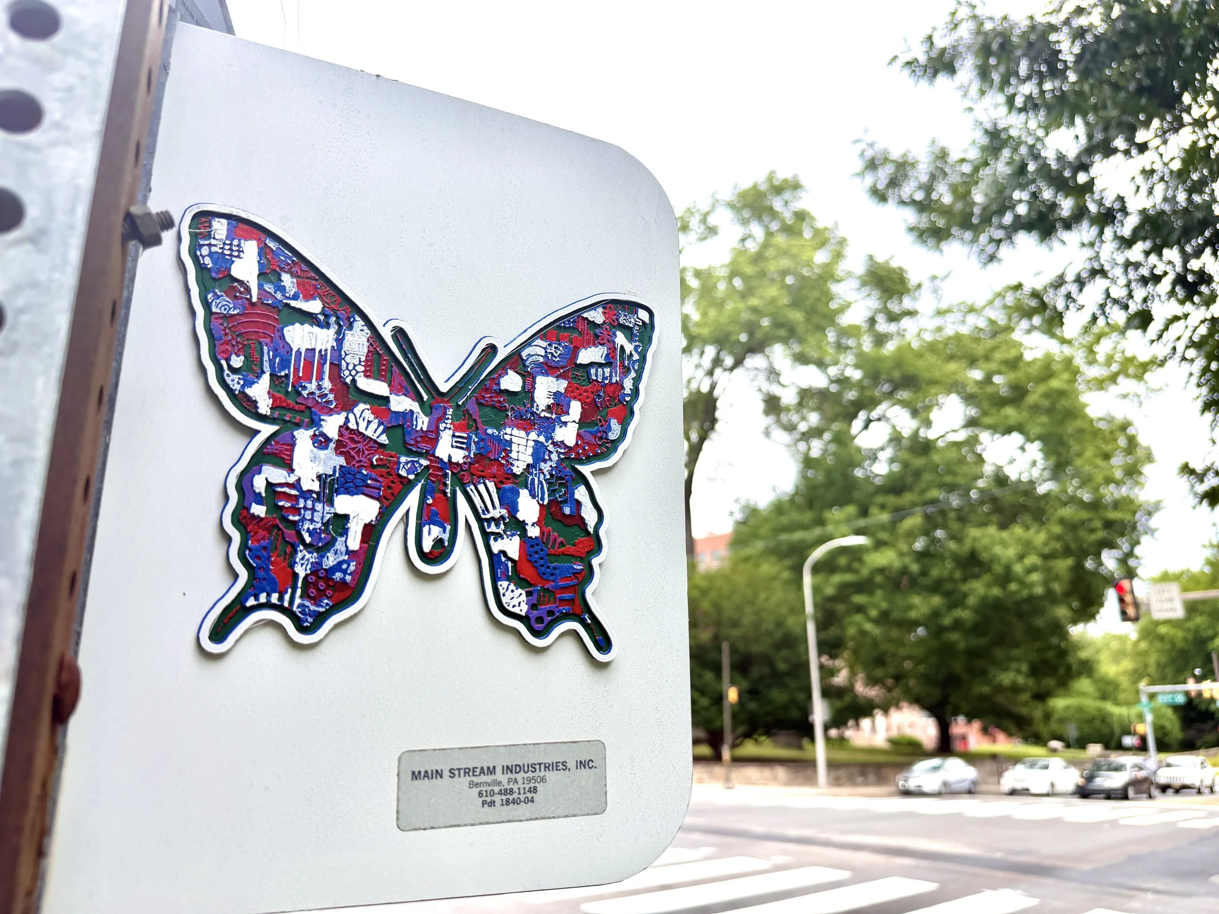 Cultures By Dezign -Red & Purple Butterfly in West Philly (3-D Printed Street Art)