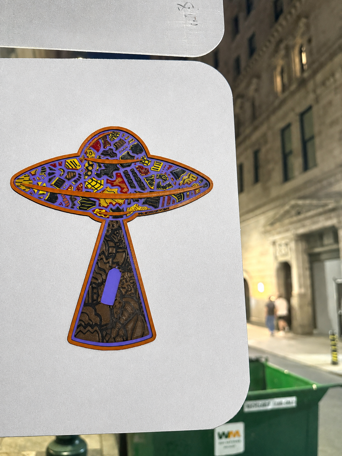 Cultures By Dezign - Brown, Purple & Orange UFO in Center City Philly (3-D Printed Street Art)