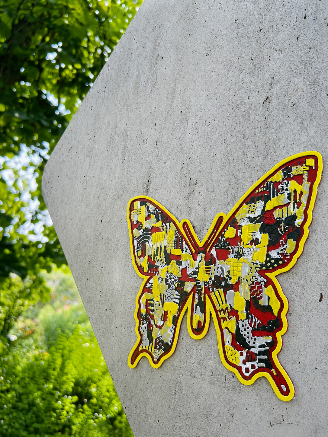 Cultures By Dezign - Yellow, Black & Red Butterfly in Philly (3-D Printed Street Art) 