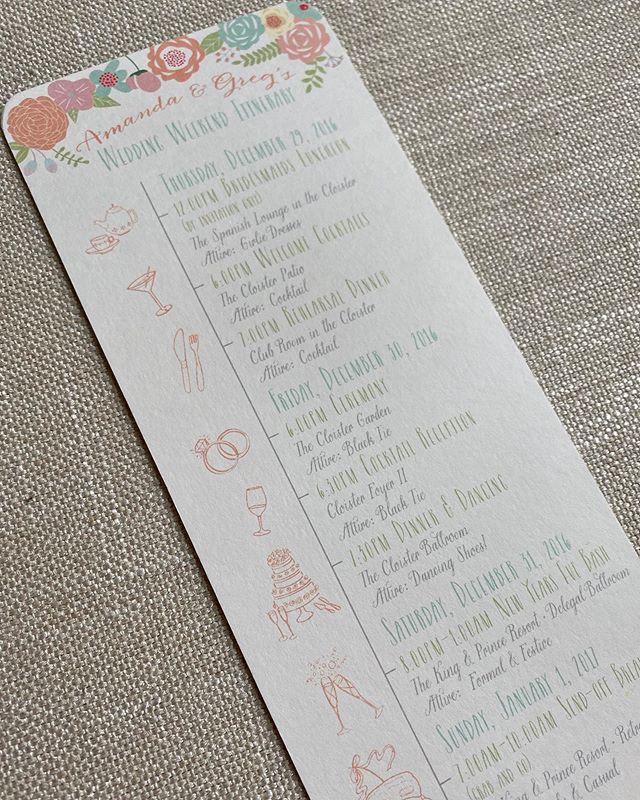 Switching back from holiday to wedding posts, here is one of the cutest little wedding itineraries we designed. It&rsquo;s a great way to let guests know the weekend timeline, and of course we can make it as custom or simple as the bride would like. 