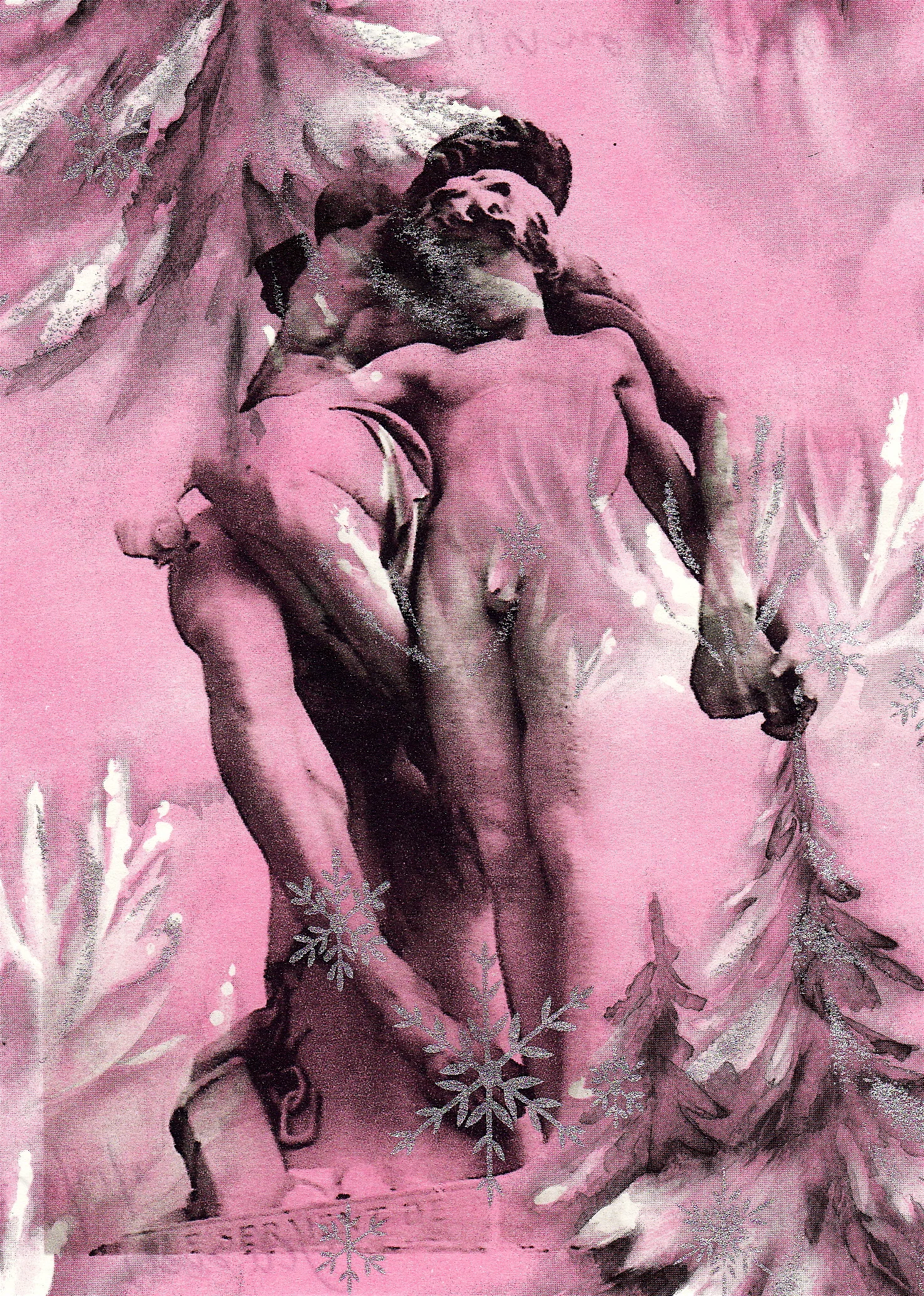 embrace , inkjet on vintage Christmas wrapping paper, 5 x 7"